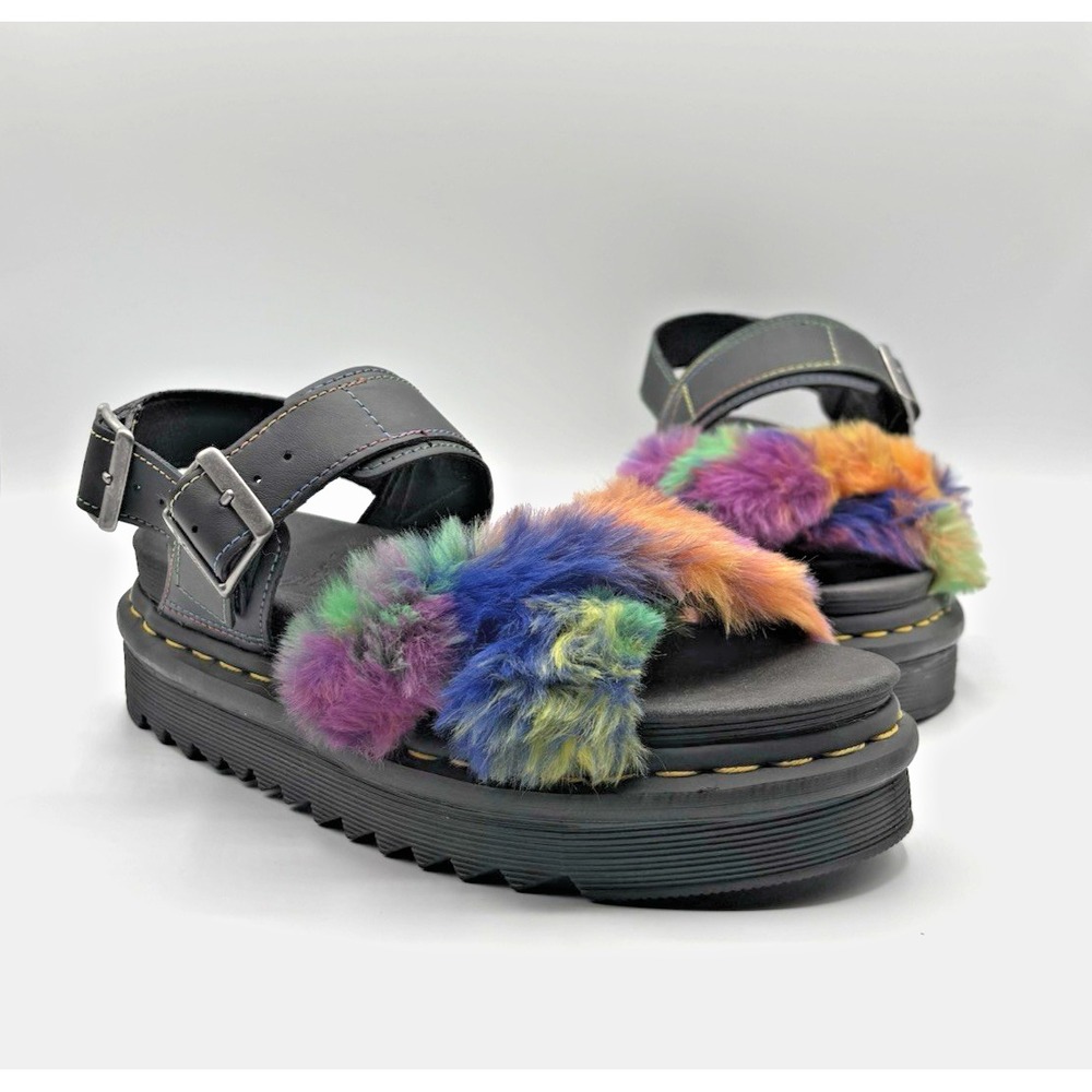 DR MARTENS Voss II Fluffy Sandals Women's‎ Size 6 Multi-Color Faux Fur Platforms